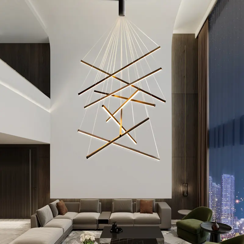 Nordic Modern Villa Living Room Minimalist Creative Long Led Line Lamps Black Stair Chandelier
