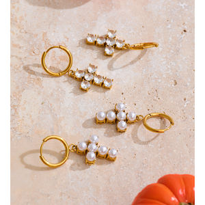 JINYOU kadınlar için inci boncuk ile 2811 paslanmaz çelik altın kalplama halka küpe çapraz kolye küpe - Product Image 4