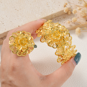 ชุดกำไลข้อมือและแหวนทองชุบ 18k สไตล์โมร็อกโก ดูไบ ประดับอัญมณีหลากสีสัน ลวดลายฉลุแบบโบราณ สำหรับผู้หญิง ขายส่ง - Product Image 3