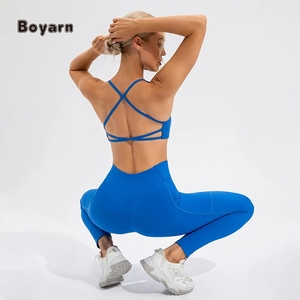 Yoga Sets4 Pcs <b>Women</b> 4pcs Activewear High Waisted Pockets Yoga Leggings Cross Back Bikini Quick Dry Gym Fitness Sports Bra Set - Product Image 3