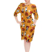 レディースドレス2022エレガントな女性服ハロウィーン漫画パンプキンプリント長袖Oネックルーズフィットボヘミアンチュニックドレス