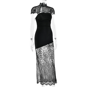 Robe longue de soirée asymétrique moulante noire en dentelle à col halter pour femme - Product Image 3