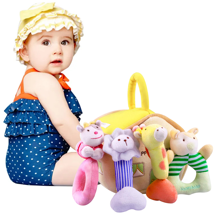 Sonajeros juguete de bebe Customized Plush Baby Shower Gifts Hand Grab Sensory Stuffed Animals Soft Rattles With Farm