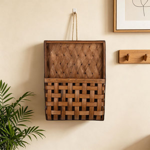 Wooden <b>Wall</b> Mounted <b>Storage</b> Basket Rectangle <b>Hanging</b> Home Decor Woven Basket For Indoor Use - Product Image 2