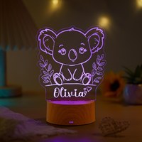 Lampe LED personnalisée avec nom gravé, base en acrylique ABS, aspect bois, contrôle tactile, intensité réglable, motif animal mignon, cadeau pour enfants