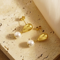 Pendientes de moda de acero inoxidable sin deslustre de lujo, joyería, pendientes de gota de agua de perlas de agua dulce