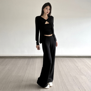 Ins Minimalist Solid Color Layering Slim Fit <b>Vest</b> Cut Out Hook Cardigan Three Piece Set Casual <b>Long</b> Pants Outfit - Product Image 4