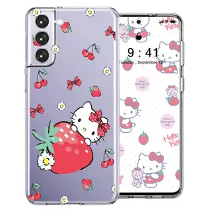 Strawberry Cartoon Cat Pattern Case for Girls Women Kids Clear Protective Slim Soft TPU Cover Compatible for Samsung S21FE 2022