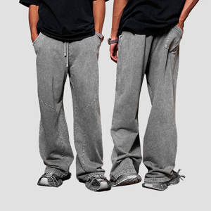 Pantalones deportivos rectos lavados retro informales para hombre, pantalones de pierna ancha de cintura media de algodón 100% con cordón Vintage - Product Image 1