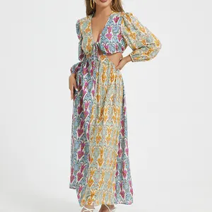 Sıcak bahar satış kadın Bohemian Casual Midi elbise A-Line saten kumaş v yaka dijital baskı ile yeni tasarım geometrik desen