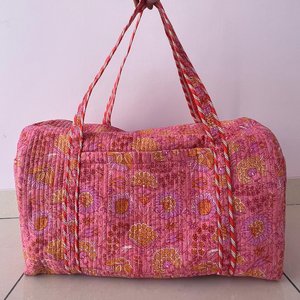 <b>Pink</b> Floral Print Quilted Duffel Bag Large Capacity Travel Weekender Textile Handmade Bohemian Style Gym Bag - Product Image 2
