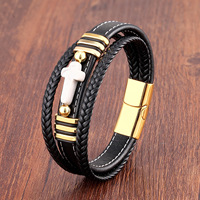 Agate vintage croix multicouche tressée bracelet en cuir véritable breloque fermoir magnétique Bracelet pour hommes bijoux chrétiens cadeau