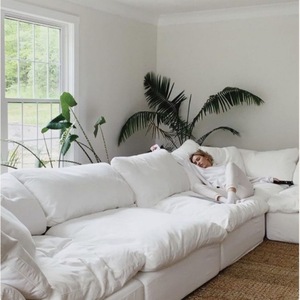 Divano a <span class=keywords><strong>L</strong></span> Cloud Set in Cotone Lino e Ciniglia, Bianco Crema, Stile Shabby Chic, Rivestimento Rimovibile e Lavabile, Imbottito, per Villa, Appartamento, Hotel - Product Image 4