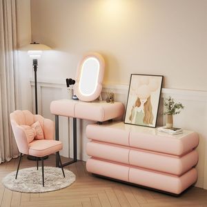 Creamy Style Beige Solid Wood Rock Slab <b>Dressing</b> <b>Table</b> - High-Grade Bedroom <b>Makeup</b> Desk with Integrated Storage Chest - Product Image 6