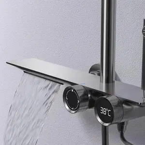 铜浴室淋浴瀑布出口设计4功能智能数字恒温矩形大面板淋浴套装