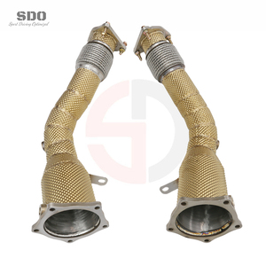 Downpipe di Scarico Dritto SD per Porsche Cayenne 957 Turbo / Turbo <span class=keywords><strong>S</strong></span> 4.8T V8 2007-2010 <span class=keywords><strong>Performance</strong></span> T304 con Scudo Termico Dorato - Product Image 3
