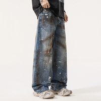 Jeans vintage baggy déchirés personnalisés pour hommes, coupe ample, denim délavé avec éclaboussures de peinture pour le streetwear