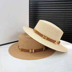 Chapeau de soleil d'<span class=keywords><strong>été</strong></span> à large bord en paille avec ceinture, style boater, chapeau de plage Panama à calotte plate pour <span class=keywords><strong>femme</strong></span> - Product Image 1