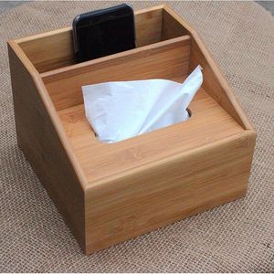Caja de pañuelos de bambú rectangular, organizador de escritorio multiusos con soporte para teléfono - Product Image 1