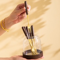 Support de Couverts en Acier Inoxydable avec Base en Bois et Verre Ambré – Organisateur Multifonctionnel pour Ustensiles de Cuisine et Spatules