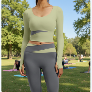 Full Sleeve Color-blocked Breathable <b>Yoga</b> Wear <b>Loose</b> Fit Pilates Training Exercise Running and Fitness with Front logo - Product Image 3