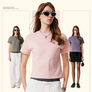 Summer American Style Fog Long <b>Staple</b> Cotton Neck Women's Casual Sports Short Sleeved Slimming Yarn Dyed Knitted T-Shirt - Product Image 2