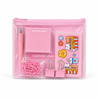 Ensemble de papeterie rose Kawaii, kit de fournitures scolaires avec stylo gel, notes adhésives, clips à papier, clips de reliure, feuille d'autocollants, pochette en PVC