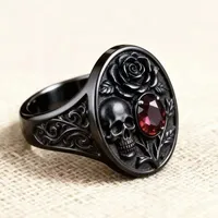 Bague de cocktail unisexe ZhuQian en alliage noir, squelette rose, style punk gothique, avec zircon rouge, idéale pour Halloween et anniversaires, bijoux de fête