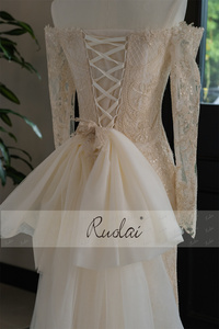 Ruolai QW02202 guaina con maniche a spalla con paillettes <span class=keywords><strong>in</strong></span> <span class=keywords><strong>pizzo</strong></span> oro Champagne abito <span class=keywords><strong>da</strong></span> sposa con fiocco staccabile - Product Image 6