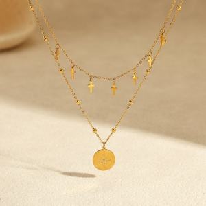 Colliers pendentifs circulaires étoile croisée double couche en acier inoxydable, bijoux fins, colliers pendentifs tendance pour femmes - Product Image 3