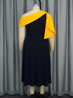 Robe midi plissée décontractée noire à taille plus, à une épaule, col irrégulier, couleur contrastée, avec ceinture, AM041029