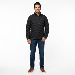Veste d'hiver matelassée légère pour homme, manteau chaud avec rembourrage en duvet de canard, tissu en toile, col montant, logo sur le devant - Product Image 1