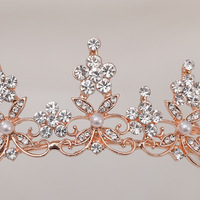 Couronne ondulée en alliage de couleur or Rose avec perles strass fleur diadèmes en métal Accessoire Femme accessoires de mariage de luxe pour Brid