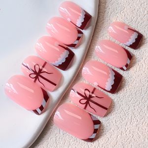 ตะปูตอกตะปูทรงสี่เหลี่ยมขนาดกลาง24ชิ้นริบบิ้นมันวาวดีไซน์โบว์เล็บปลอมอะคริลิคฝรั่งเศส Y2K แต่งเล็บสำหรับผู้หญิงและเด็กผู้หญิง - Product Image 4