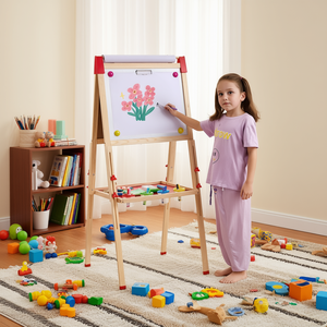 Pizarra magnética de madera para niños, caballete de arte, material de madera multicolor, doble cara para dibujar y escribir - Product Image 2