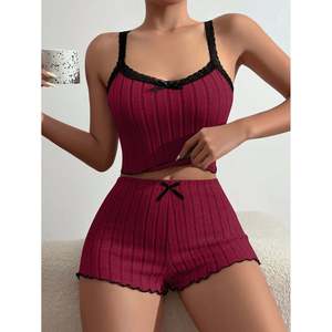 Lace Trim Camisole And Shorts <b>Knit</b> <b>Set</b> Black S Women's Sleepwear - Product Image 3