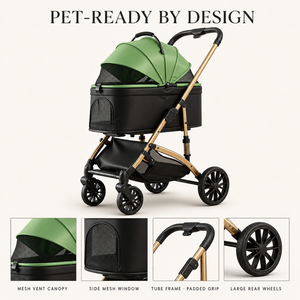 Poussette pour animaux de compagnie en maille verte avec panier amovible et grandes roues arrière - Product Image 6