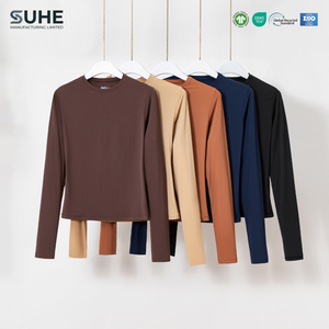 T-shirt ajusté à manches longues pour femme SUHE, col rond sans couture, coupe slim, chemise de base extensible et douce pour tous les jours, streetwear - Product Image 3