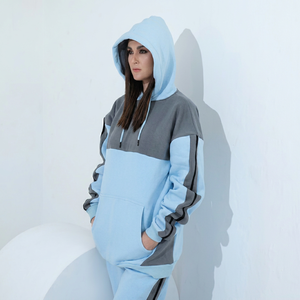 Ensemble de survêtement à capuche pour femme, manches longues, coupe ample, blocs de couleur, poches latérales, respirant, hiver, décontracté, polyester et coton - Product Image 1