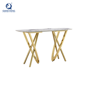 Tavolo Console Moderno in Ferro Dorato con Supporto Curvo, Lussuoso Tavolo Consul in Marmo Travertino Grigio Scuro con Finitura Laser - Product Image 6