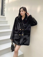 Manteau de luxe noir en fausse fourrure de vison pour femme, double boutonnage, col à revers avec boutons dorés, long, chaud et doux, veste d'hiver élégante