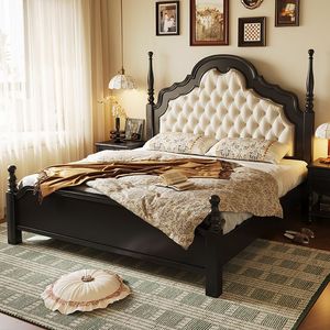 French Retro Wooden Bed Mahogany <b>Poster</b> Soft Headboard Double Size Bedroom Furniture - Product Image 2