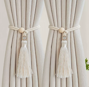 Bohemian Adjustable Curtain <b>Tieback</b> Rope Tassel Cord Holder Wooden Bead Driftwood Style for Living Room Bedroom - Product Image 2