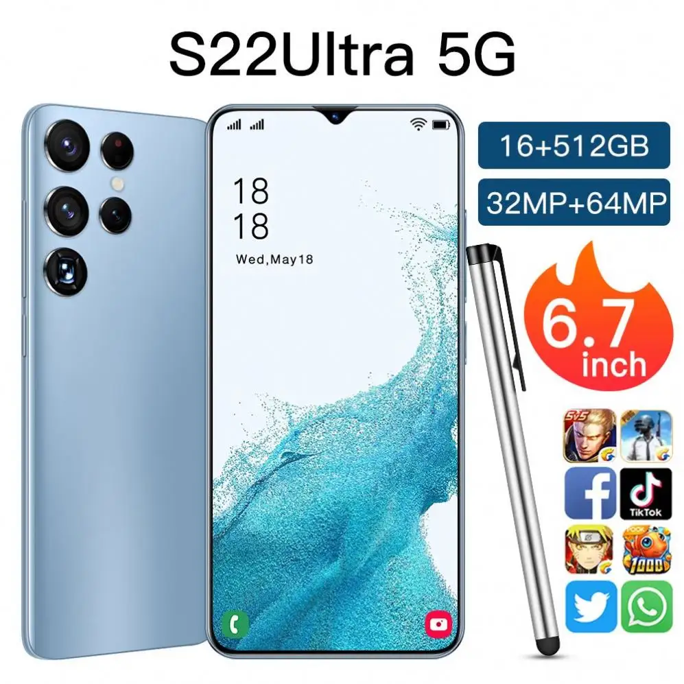 6.7 Inch S22+ Ultra 8GB+256GB Dual SIM Low Price Unlocked Cell Phones Smartphones Cheap Mobile Android 10 Smart Phones 5G