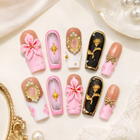 Ensemble d'ongles artificiels romantiques 3D floraux avec nœud rose, miroir, perle et or, à presser, pour salons de manucure et vente au détail en boutique