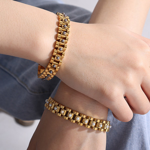 Pulsera de Acero Inoxidable con Cuentas y Baño de Oro de 18k, Diseño Geométrico, Estilo Europeo Americano, Unisex - Product Image 4