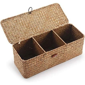 High Quality Pure Water Hyacinth Three Compartment Storage <b>Basket</b> With <b>Foldable</b> Lid Custom Logo Vietnam Factory - Product Image 1