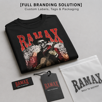 T-shirt graphique boxy noir RAMAX 300GSM, impression DTG squelette et guitare, coton premium, streetwear homme, personnalisable OEM ODM, vente en gros