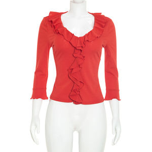 Camiseta Viviblook J26TP308 para Mujer, Top Casual de Otoño, Nuevo Color Sólido, Cuello en V con Volantes, Corte Ajustado, Top Corto para Damas - Product Image 1