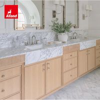 Meuble de salle de bain moderne Alland en bois, couleur chêne clair, meuble-lavabo fin de style Shaker avec double vasque et miroir
